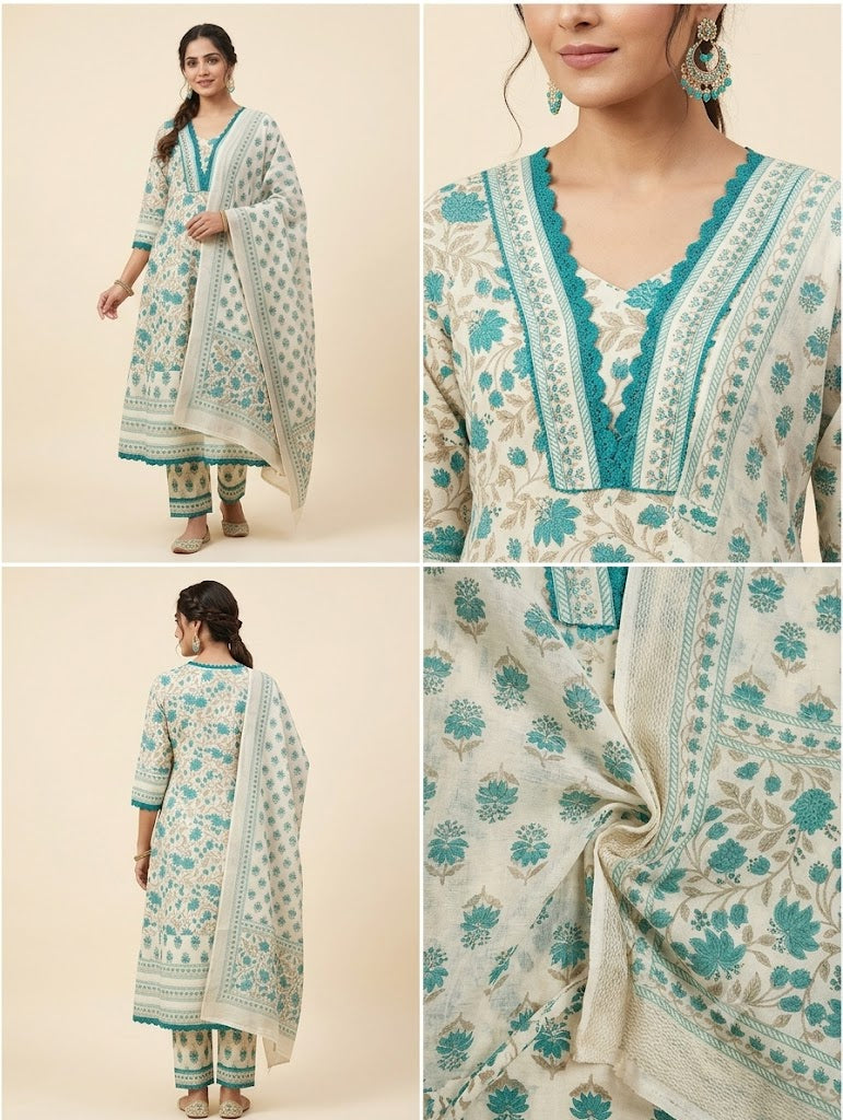 Off-White & Teal Floral Block Print A-Line Kurta Set with Lace Hem & Dupatta
