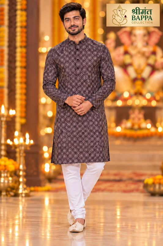 Men's Dark Brown Printed Long Sleeve Kurta