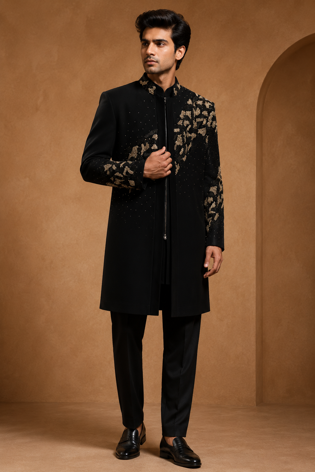 Black & Gold Embellished Indo-Western Sherwani Set