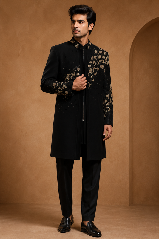 Black & Gold Embellished Indo-Western Sherwani Set