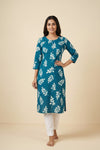 Women's Teal Blue Leaf Printed Straight Cotton Kurti