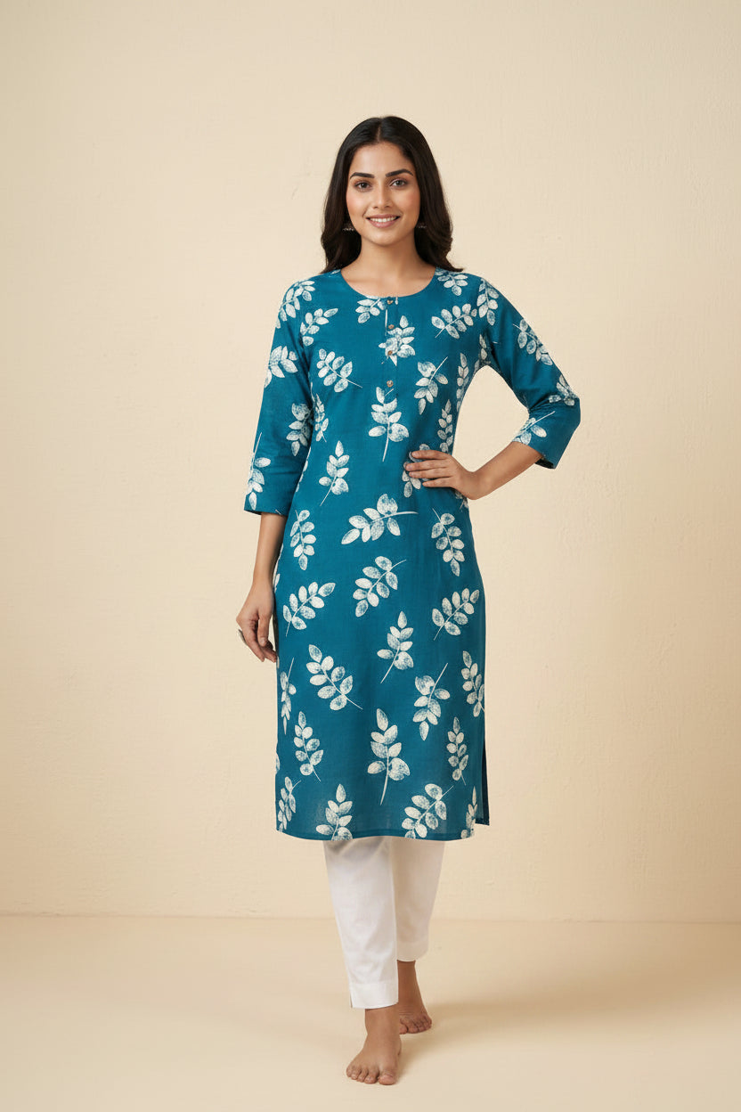 Women's Teal Blue Leaf Printed Straight Cotton Kurti