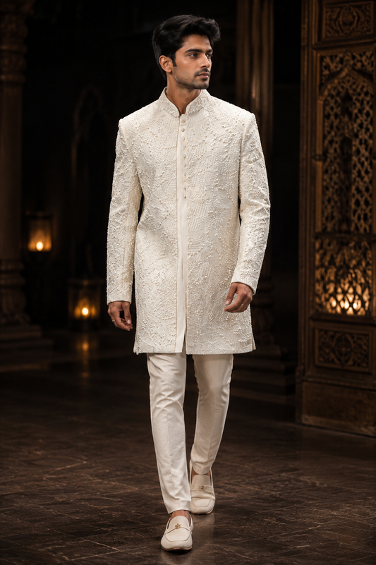 Ivory Textured Embroidered Indo-Western Sherwani
