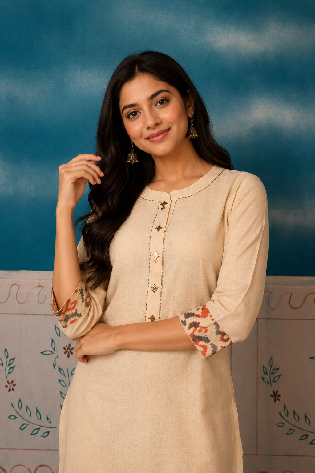 Women's Beige Cotton Blend Kurti & Printed Palazzo Co-ord Set