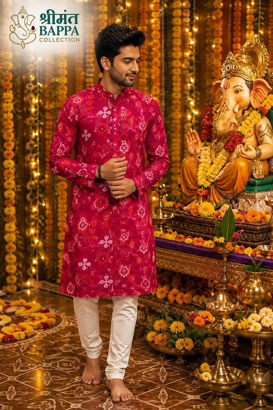 Rani Pink Ikat Print Festive Kurta Set