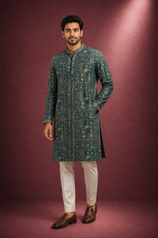 Teal Green Geometric Printed & Embroidered Kurta