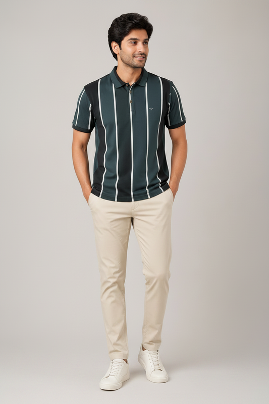 Men’s Dark Green Vertical Striped Polo T-Shirt