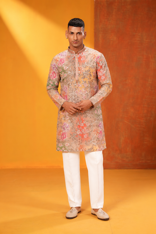Peach Floral Embroidered Festive Kurta Set