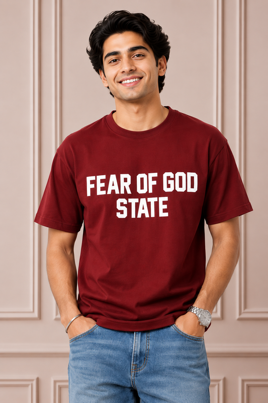 Fear of God State Oversized Printed T-Shirt | Maroon Premium Cotton Casual Tee