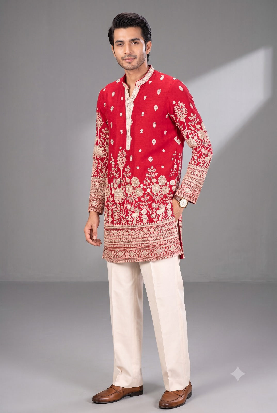 Red Embroidered Festive Kurta
