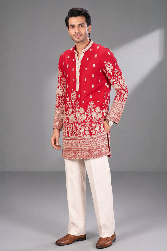 Red Embroidered Festive Kurta