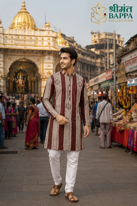 Maroon & Ivory Striped Festive Kurta Set