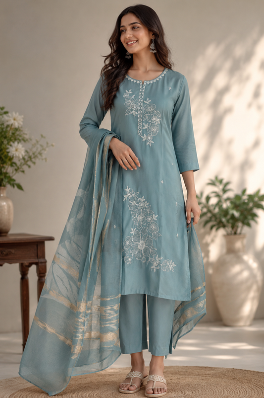 Powder Blue Kurti Pant & Dupatta Set
