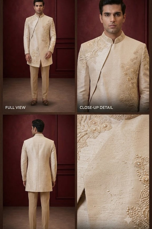 Men’s Ivory Embroidered Indo-Western Sherwani Set