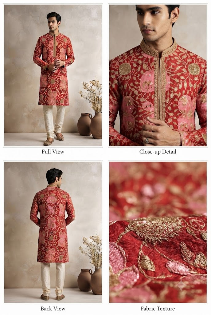 Red & Gold Floral Embroidered Festive Kurta