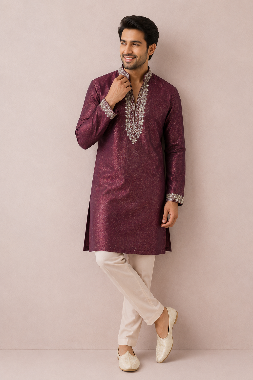 Wine Maroon Embroidered Festive Kurta Set