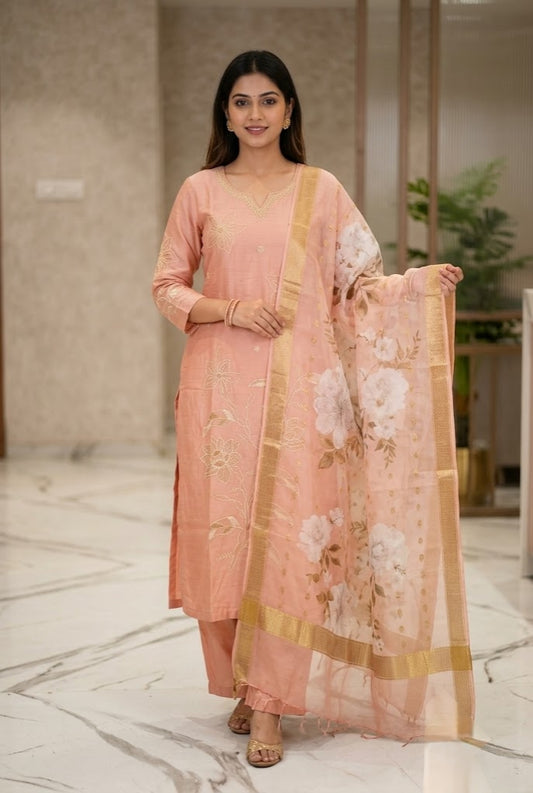 Peach Floral Embroidered Kurta Pant Dupatta Set