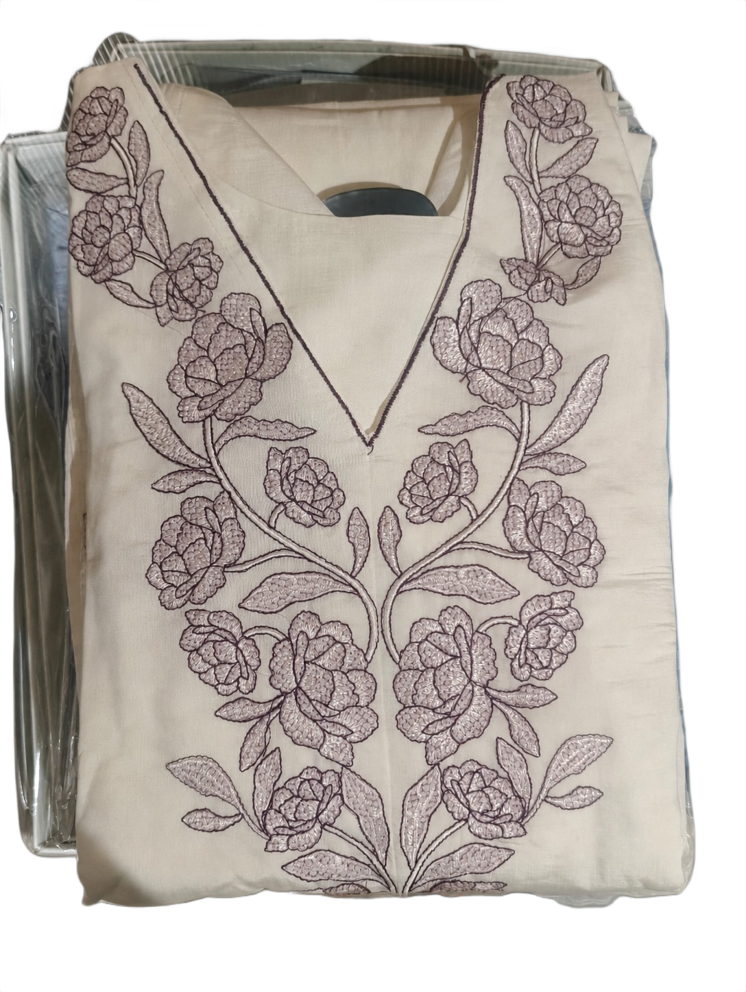 Women’s Elegant Ivory Kurta Pant Set with Purple Floral Dupatta