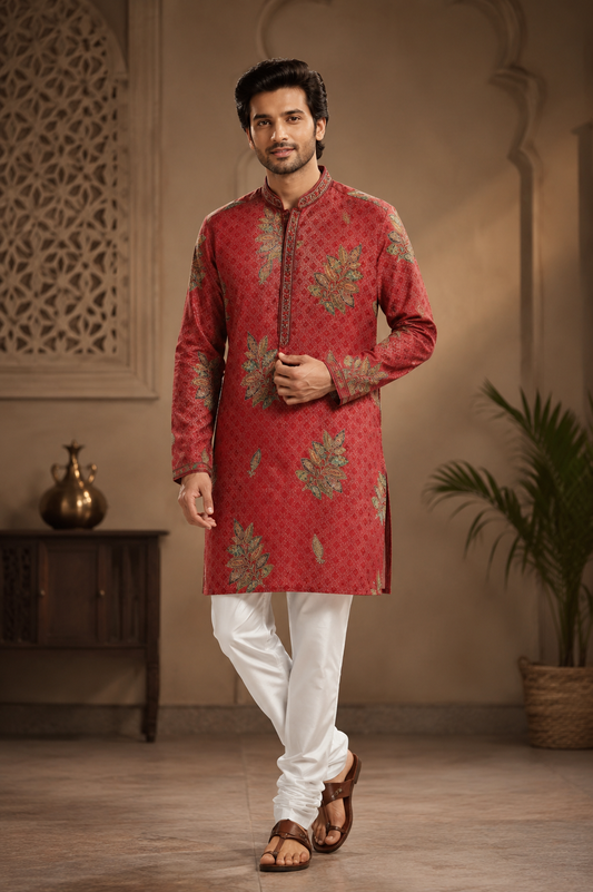 Red Floral Printed Men’s Festive Kurta