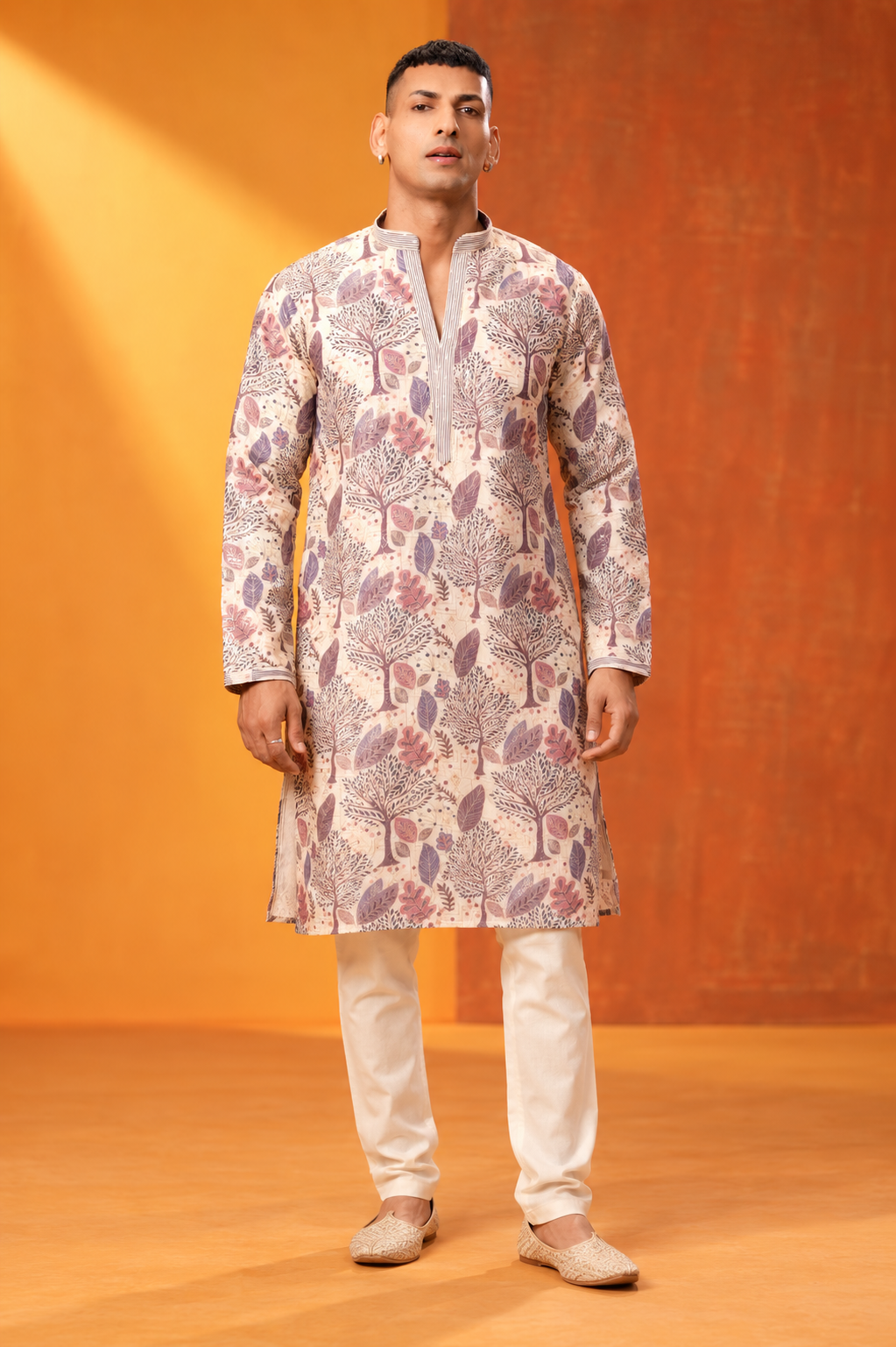 Elegant Botanical Print Men’s Kurta Set