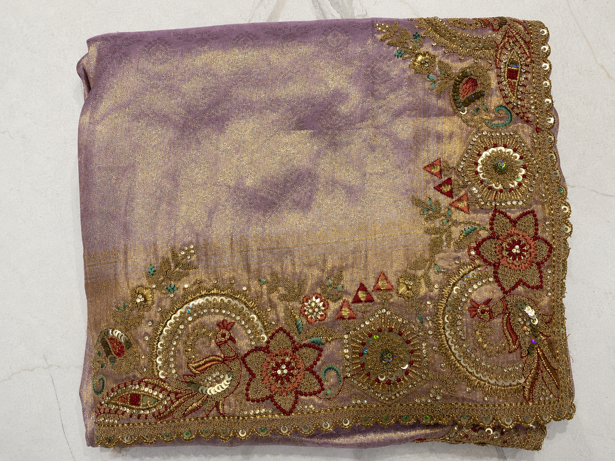 Lavender Designer Saree with Embroidered Floral Zari Border