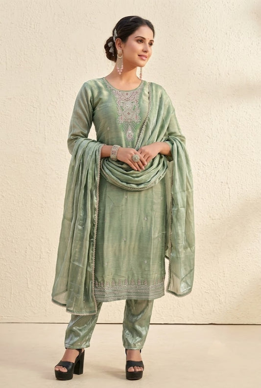 Sage Green Embroidered Kurta Pant Dupatta Set