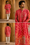 Vibrant Red Embellished Men’s Festive Kurta