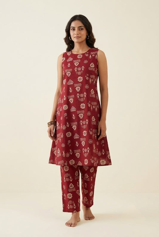 Maroon Tribal Warli Print Sleeveless A-Line Co-Ord set