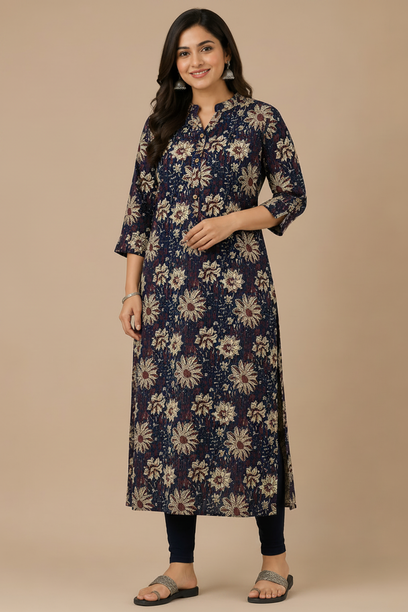Navy Blue Floral Printed Cotton Blend Kurti for Women