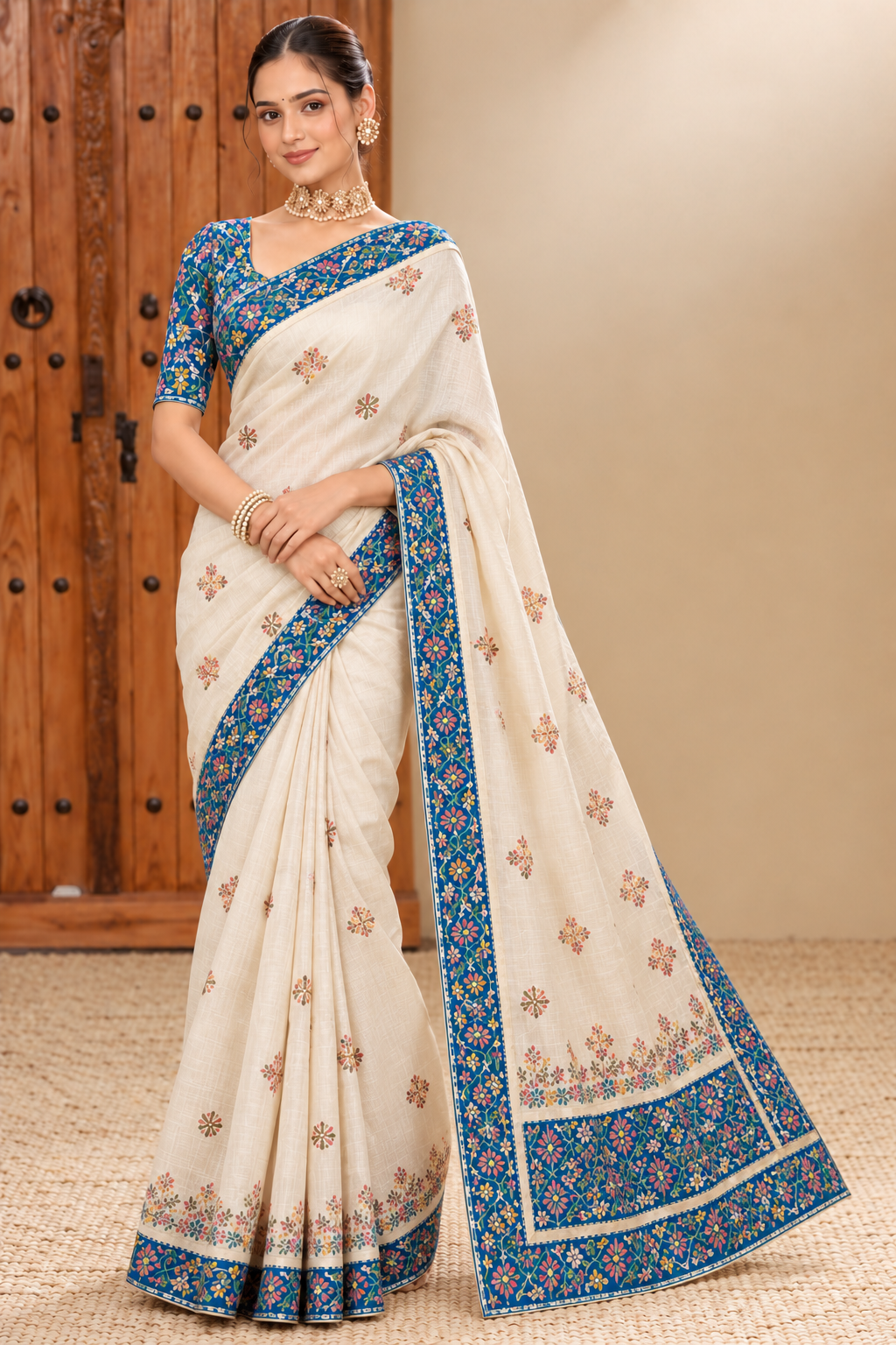 Ivory Bloom Blue Border Saree