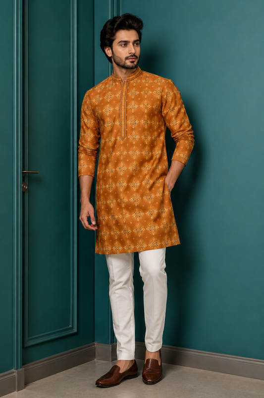 Mustard Orange Geometric Printed Festive Kurta for Men