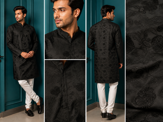 Black Tonal Floral Jacquard Silk Kurta