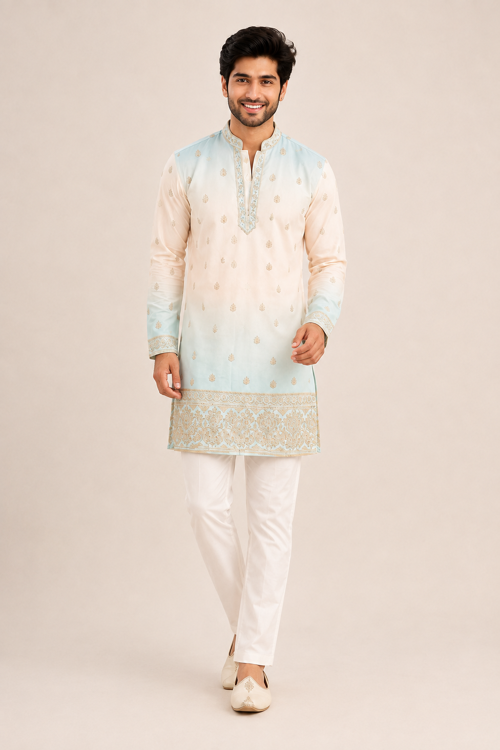 Pastel Blue & Ivory Printed Men’s Kurta Set