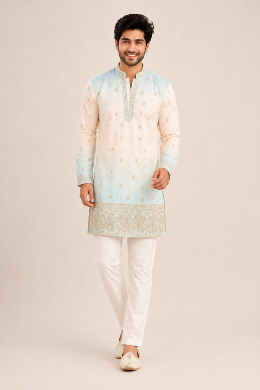 Pastel Blue & Ivory Printed Men’s Kurta Set
