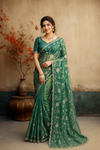Sea Green Floral Embroidered Organza Saree