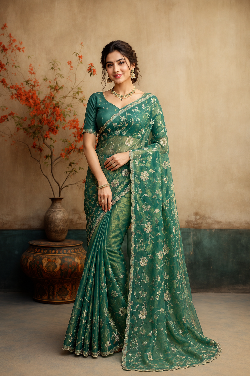 Sea Green Floral Embroidered Organza Saree
