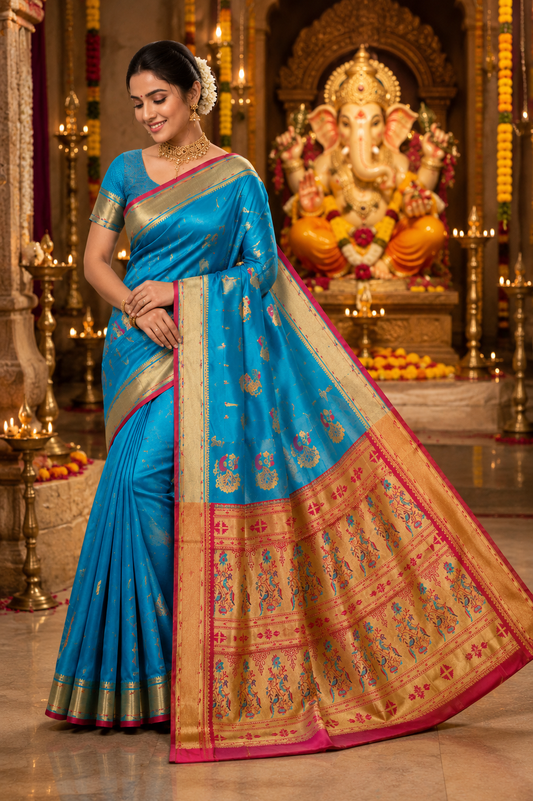 Turquoise Blue Paithani Silk Saree with Rich Golden Pallu