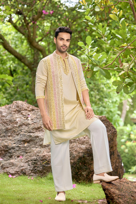 Pastel Embroidered Open Jacket Kurta Set
