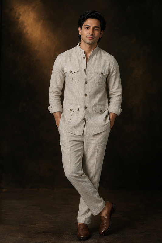 Beige Linen Safari Jacket Co-ord Set