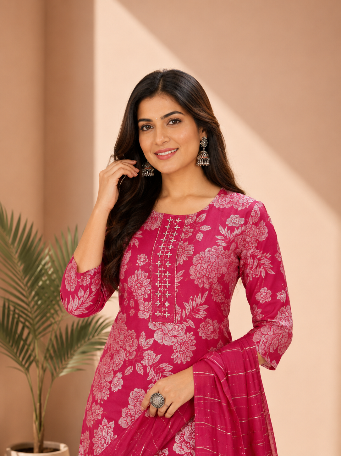 Rani Pink Floral Printed Kurta Pant & Dupatta Set