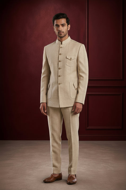 Men’s Beige Textured Jodhpuri Suit Set