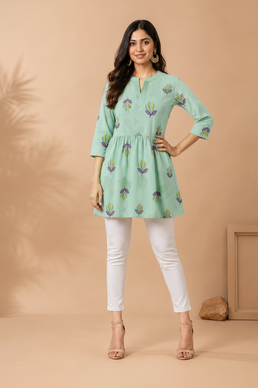 Women's Mint Green Printed Short Kurti