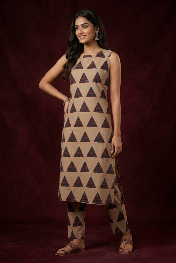 Geometric Straight Kurti & Ankle-Length Pants Set