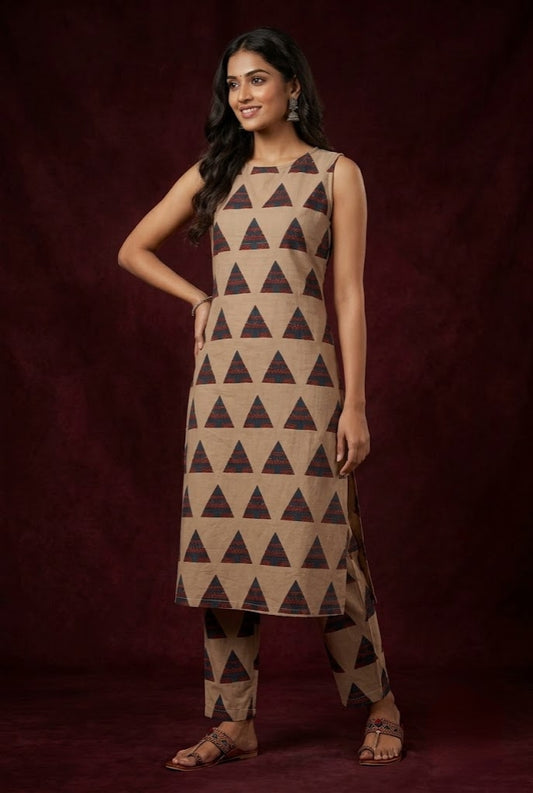 Geometric Straight Kurti & Ankle-Length Pants Set