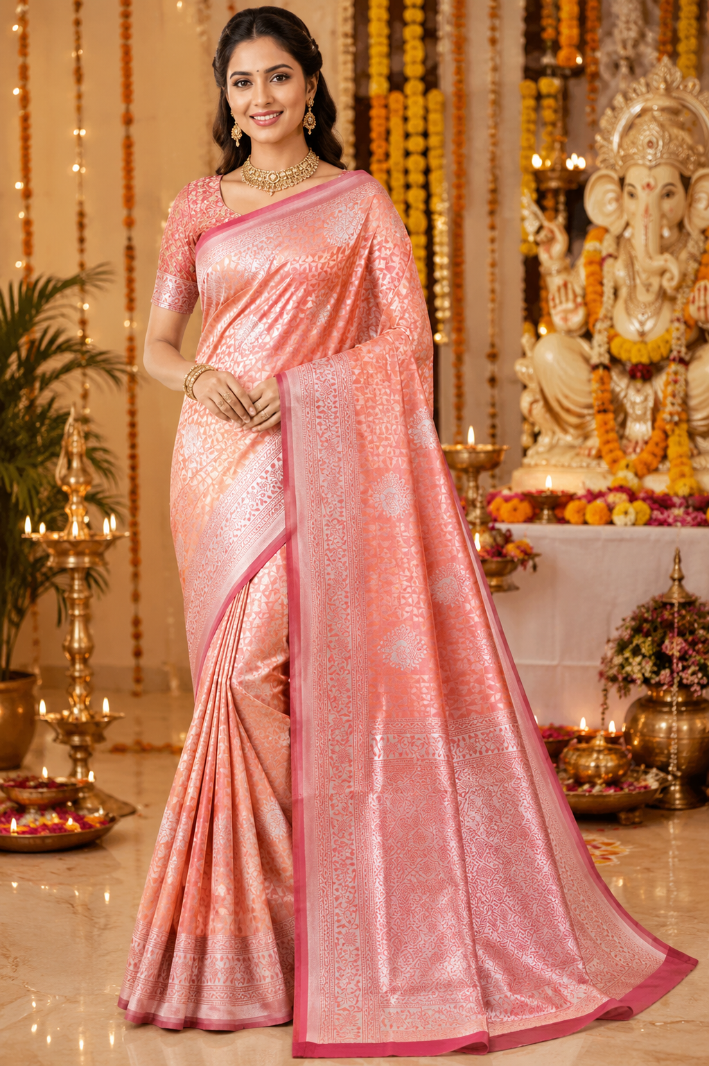Peach Pink Saree with Silver Zari Woven Design