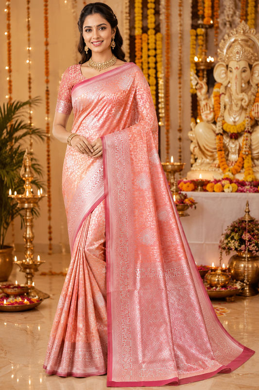 Peach Pink Saree with Silver Zari Woven Design