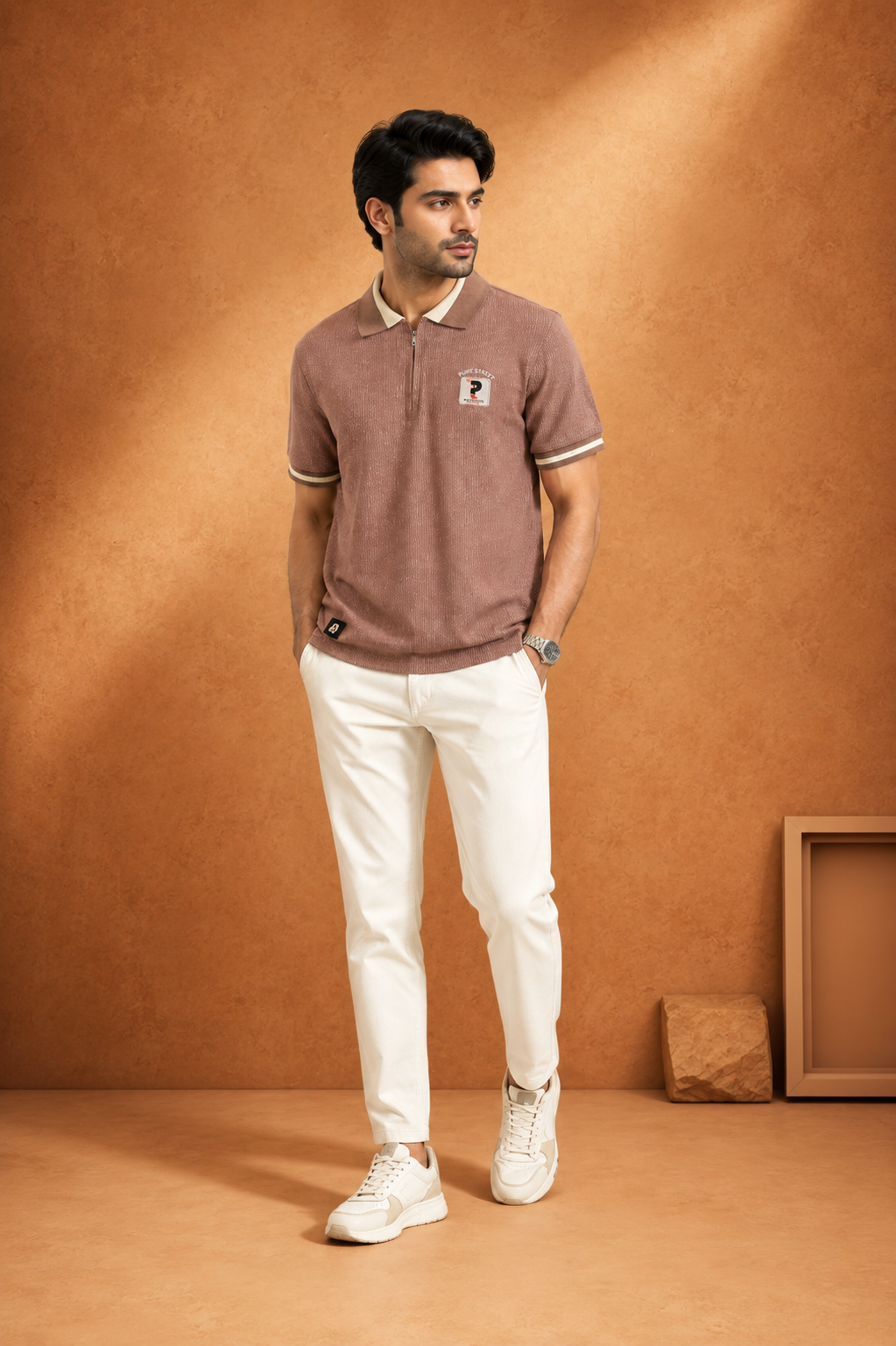 Pure Street Textured Zip Polo T-Shirt  Dusty Rose and sky blue