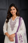 Women’s Elegant Ivory Kurta Pant Set with Purple Floral Dupatta