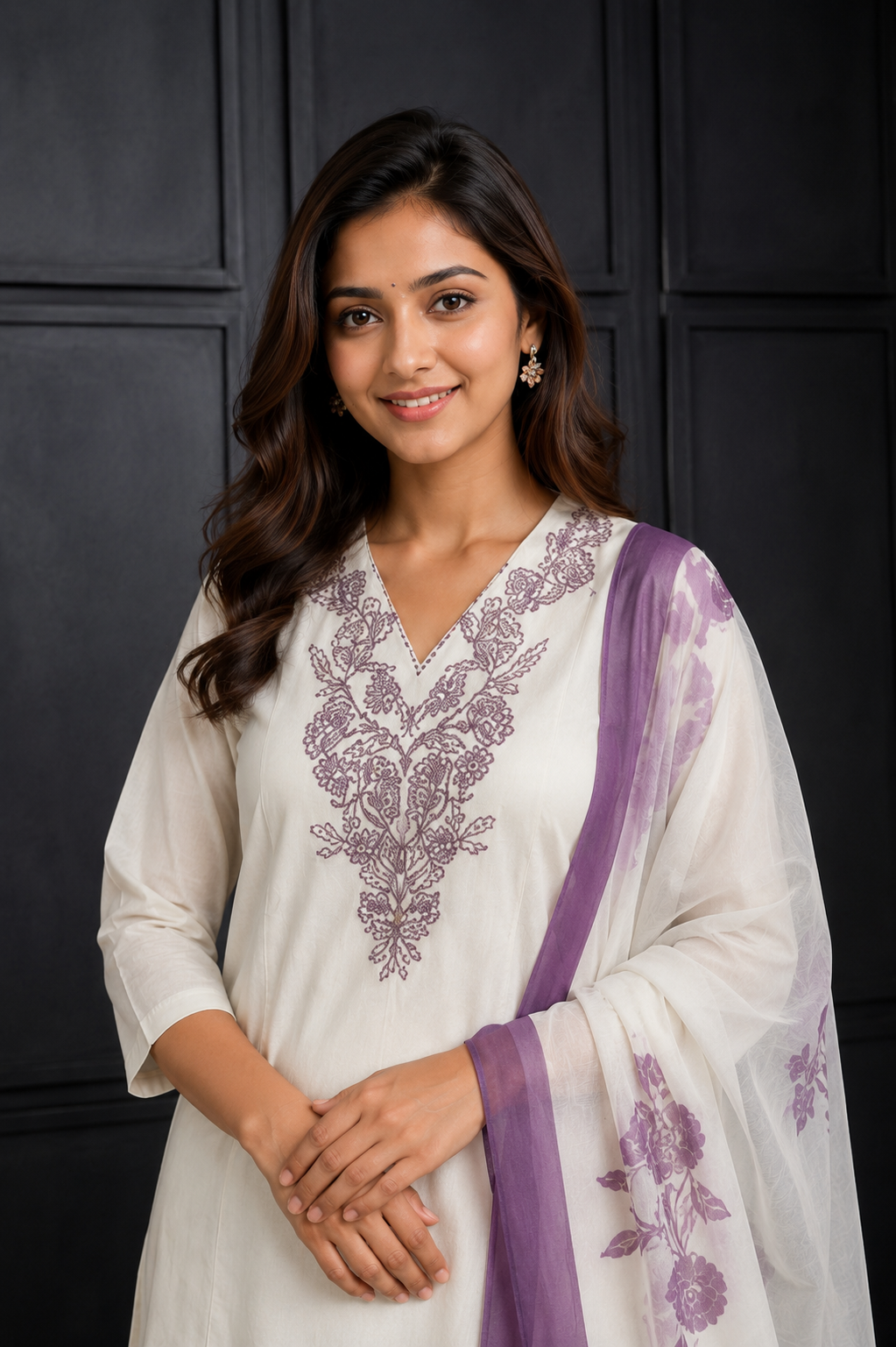 Women’s Elegant Ivory Kurta Pant Set with Purple Floral Dupatta