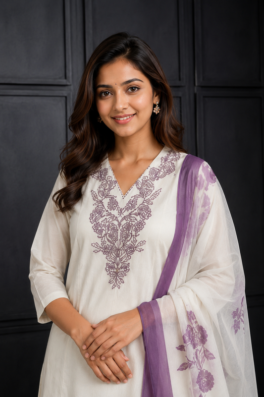 Women’s Elegant Ivory Kurta Pant Set with Purple Floral Dupatta